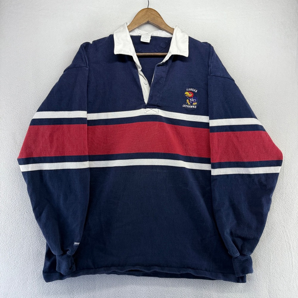 Vintage Kansas Jayhawks Rugby Shirt Men's 2XL Blue Red Thick Barbarian Cotton